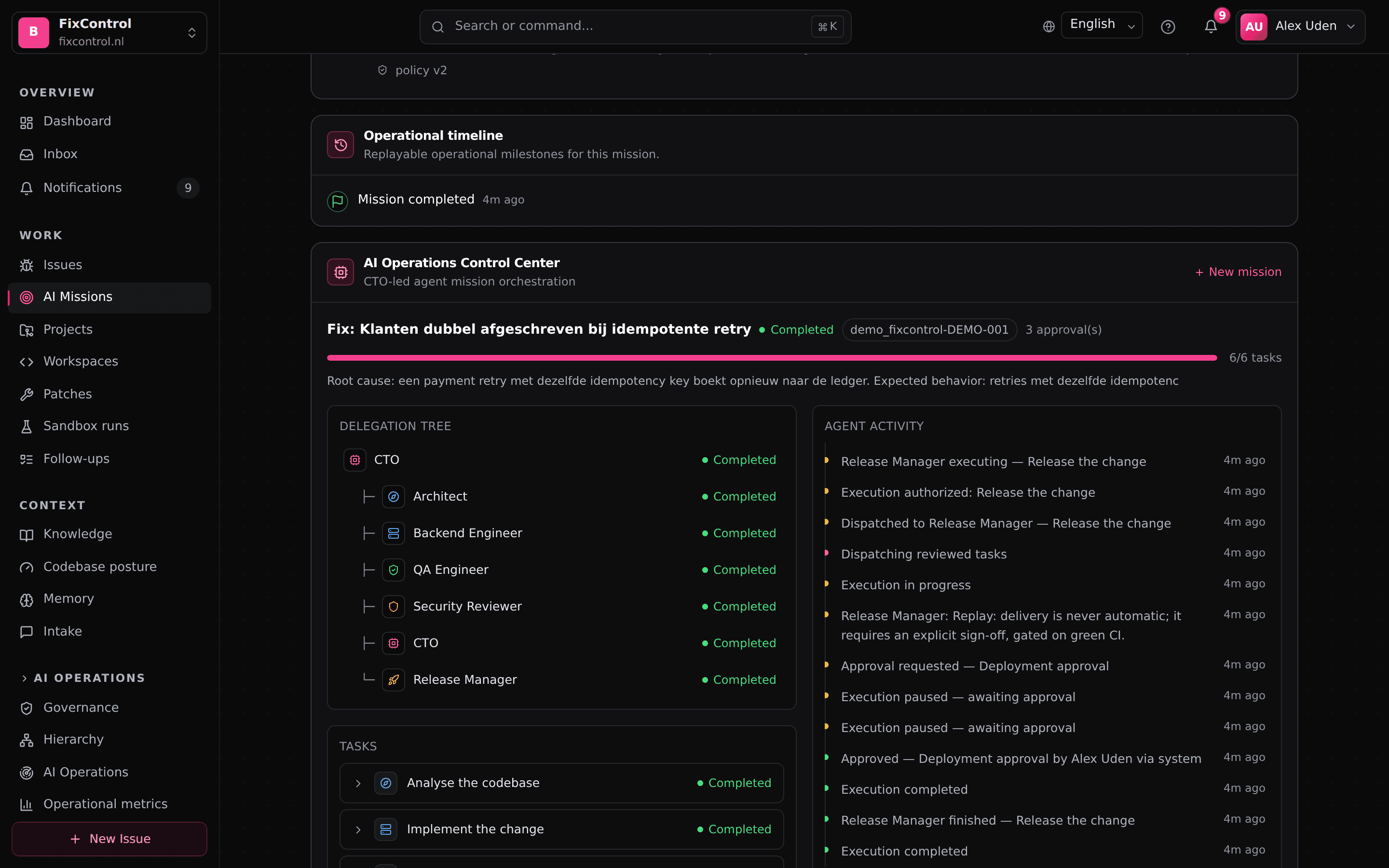 The AI mission control center — the agent delegation tree, approval count and a live activity log of every decision and gate.
