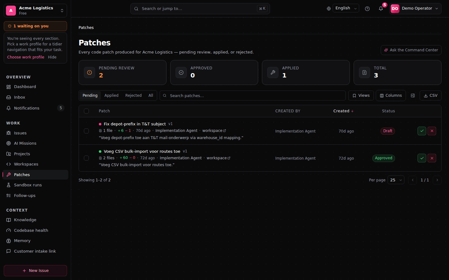 A proposed code change in FixControl with verification results attached for the reviewer