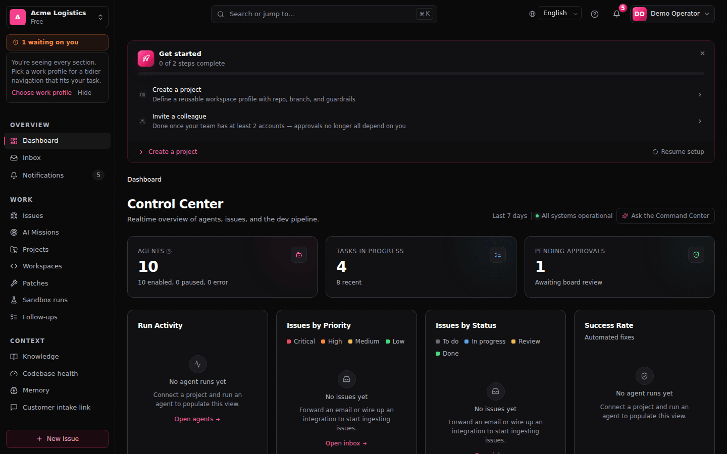 The FixControl home screen with connected sources, open work and project status