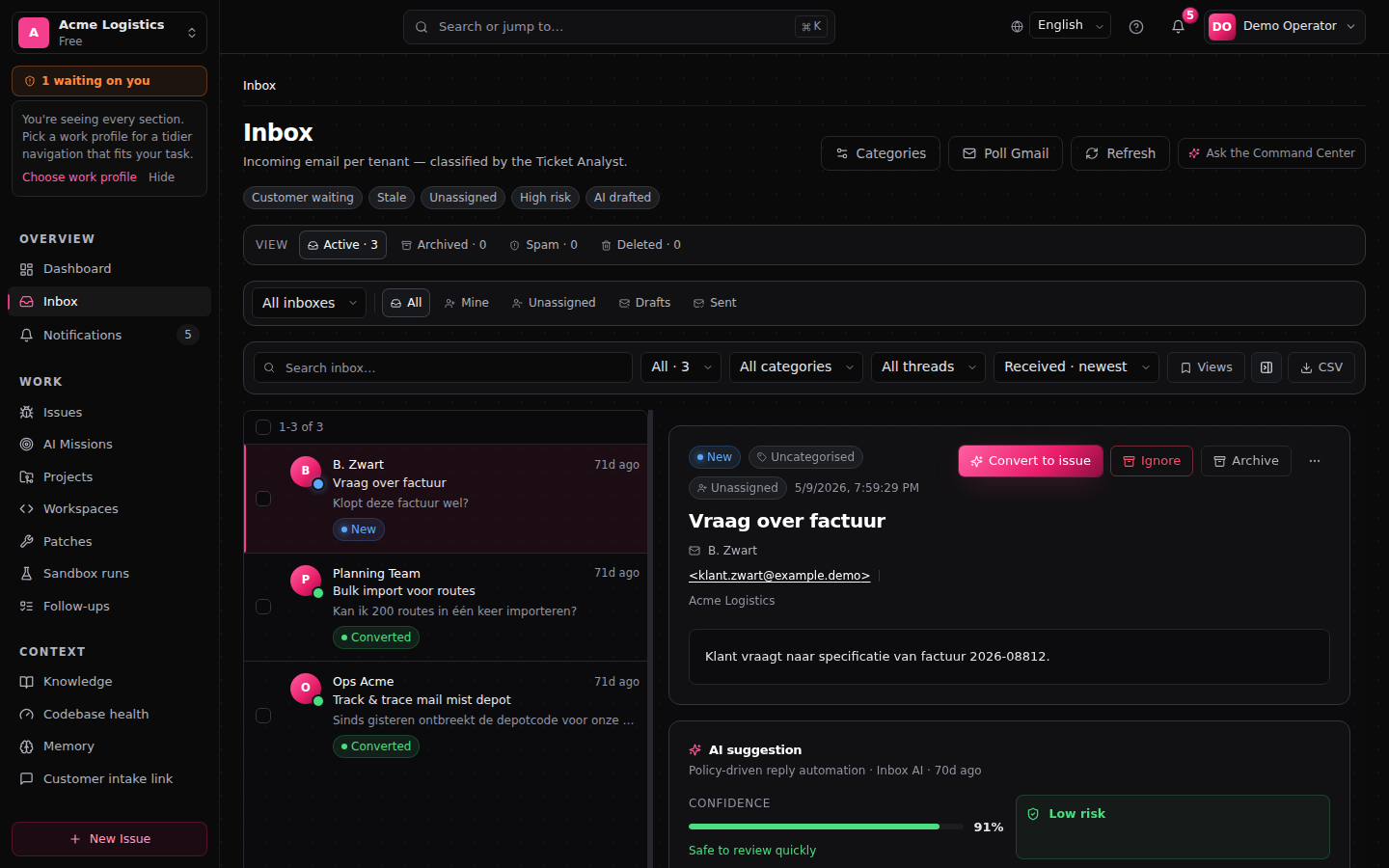 Inbox — split view with threads, signals, and detail pane