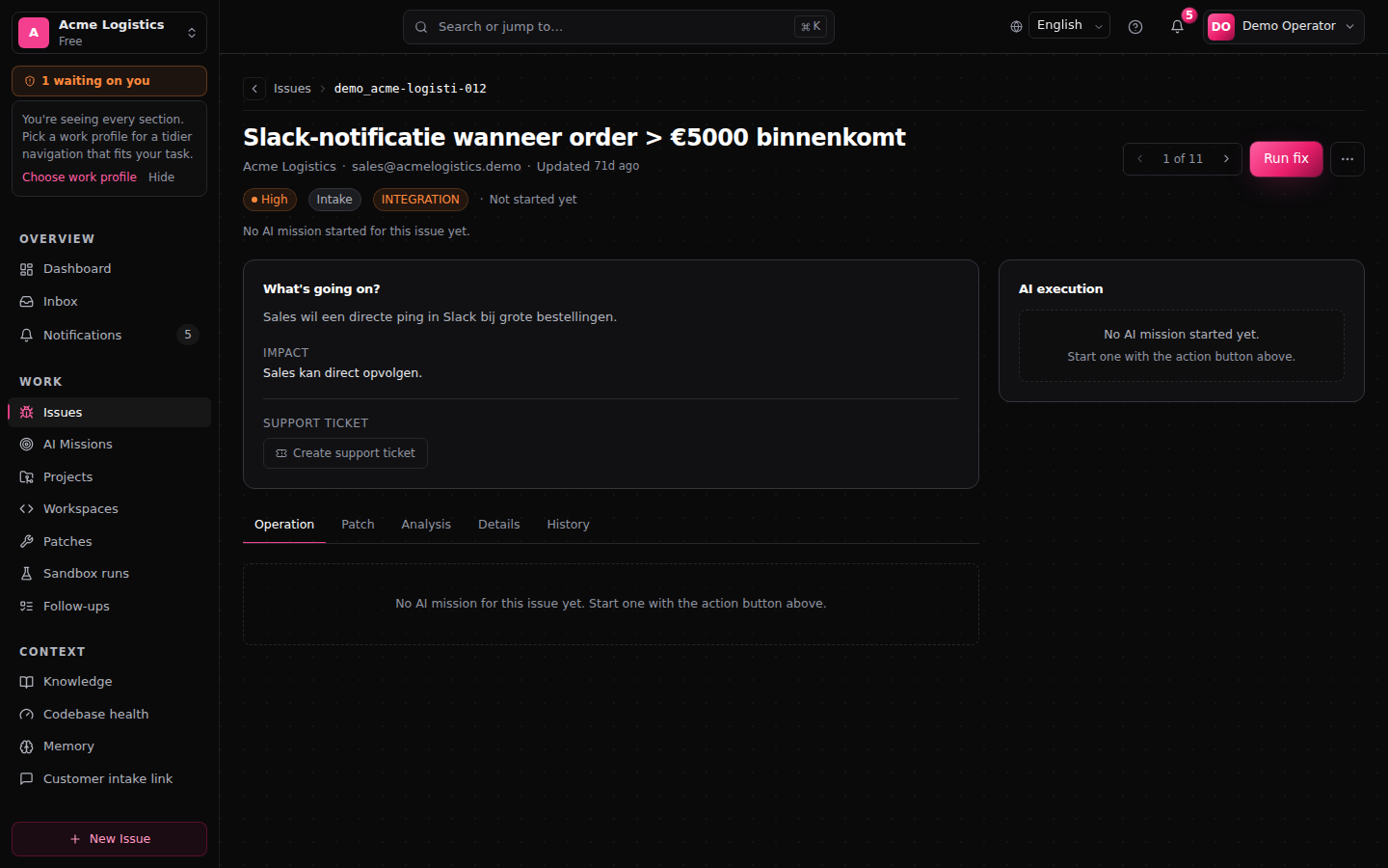 Issue-detail met de Jira-/Linear-deep-link zichtbaar in de header