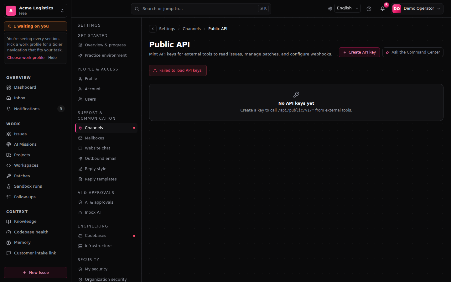 API keys list with key prefix, last-used timestamp, and revoke action visible per row