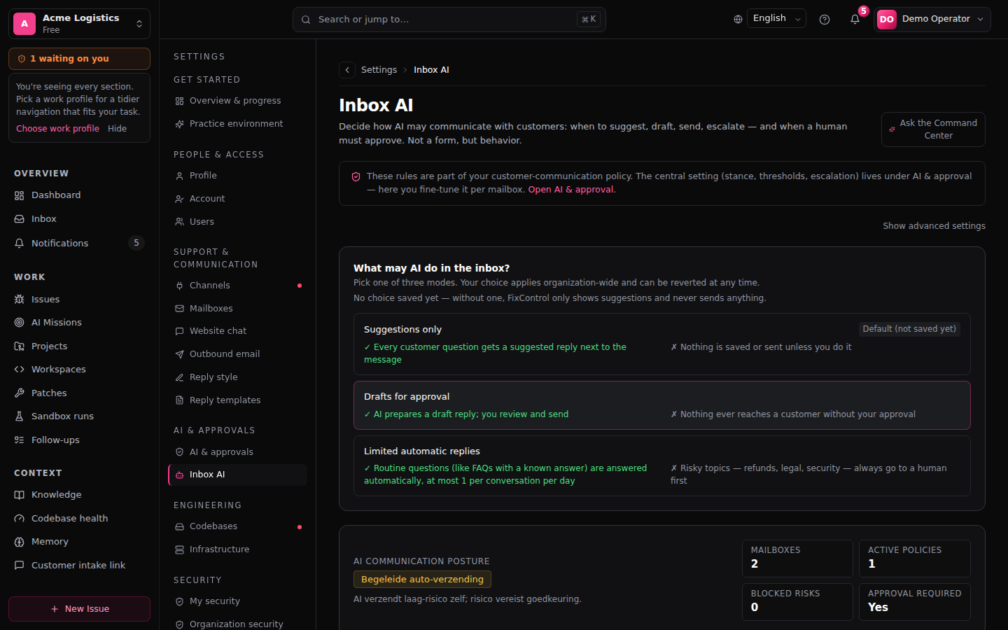 Settings — Inbox AI policy