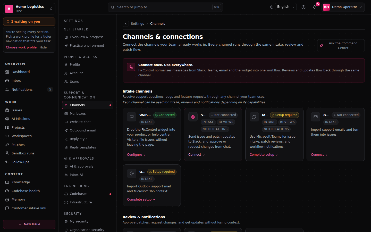 Settings → Integrations catalog with Communication, Email, Code, Trackers, and Webhooks tile groups