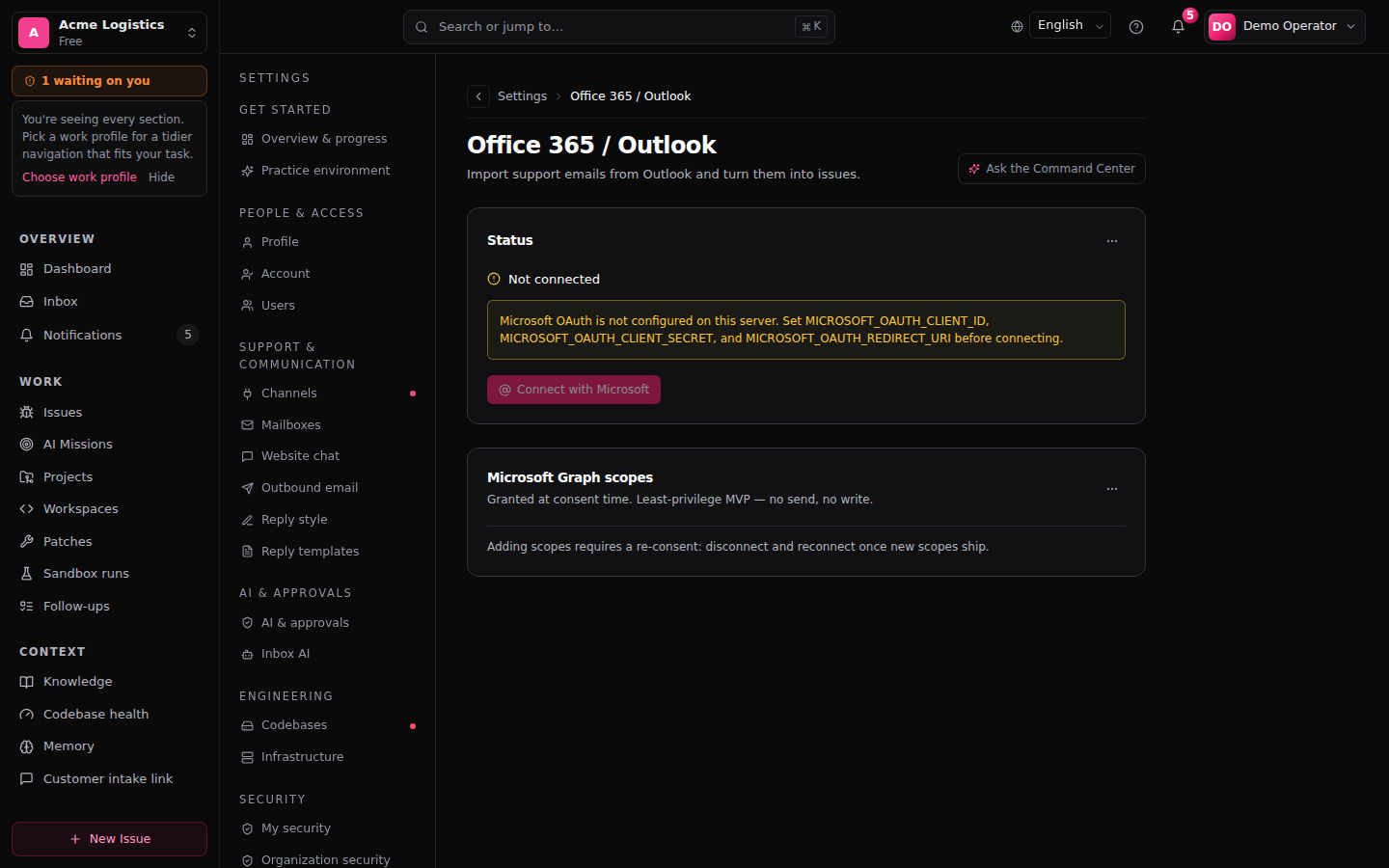 Settings — Office 365 subscription health