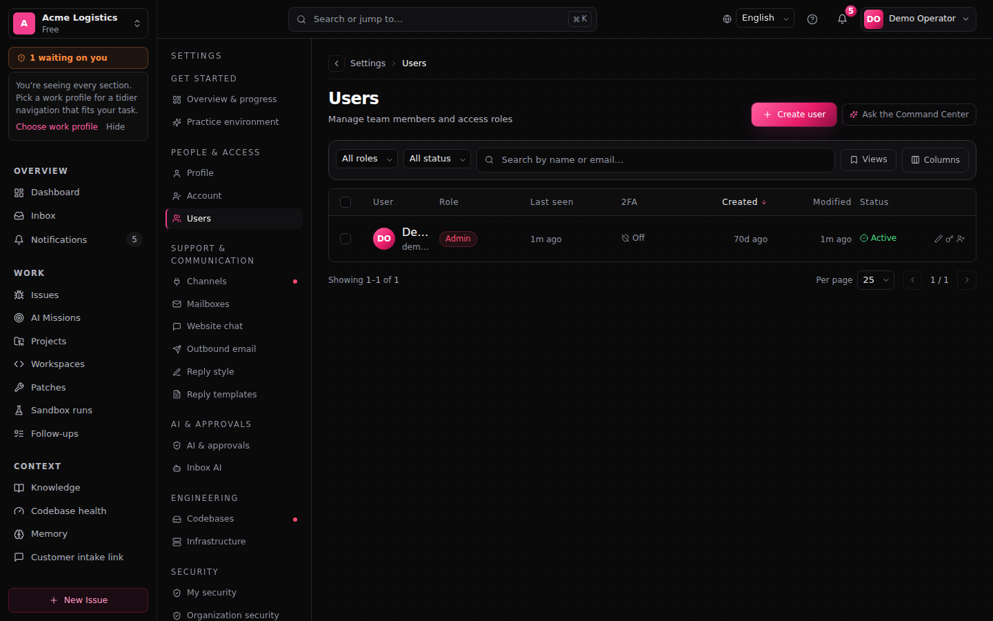 Settings — Users