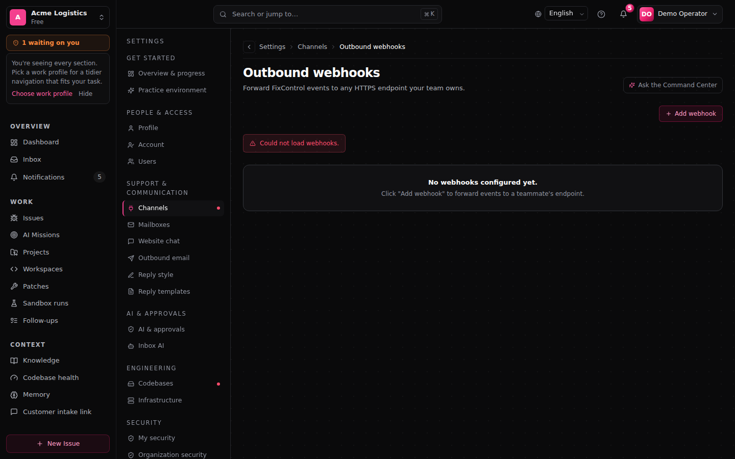 Outbound webhooks list with one configured webhook and a recent delivery row